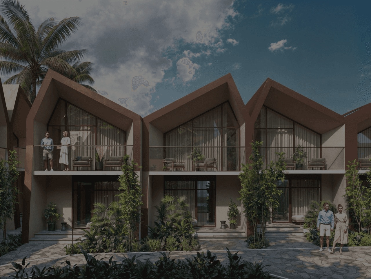Townhouse apartments complex with pitched roofs in tropical setting — Frigate Bali