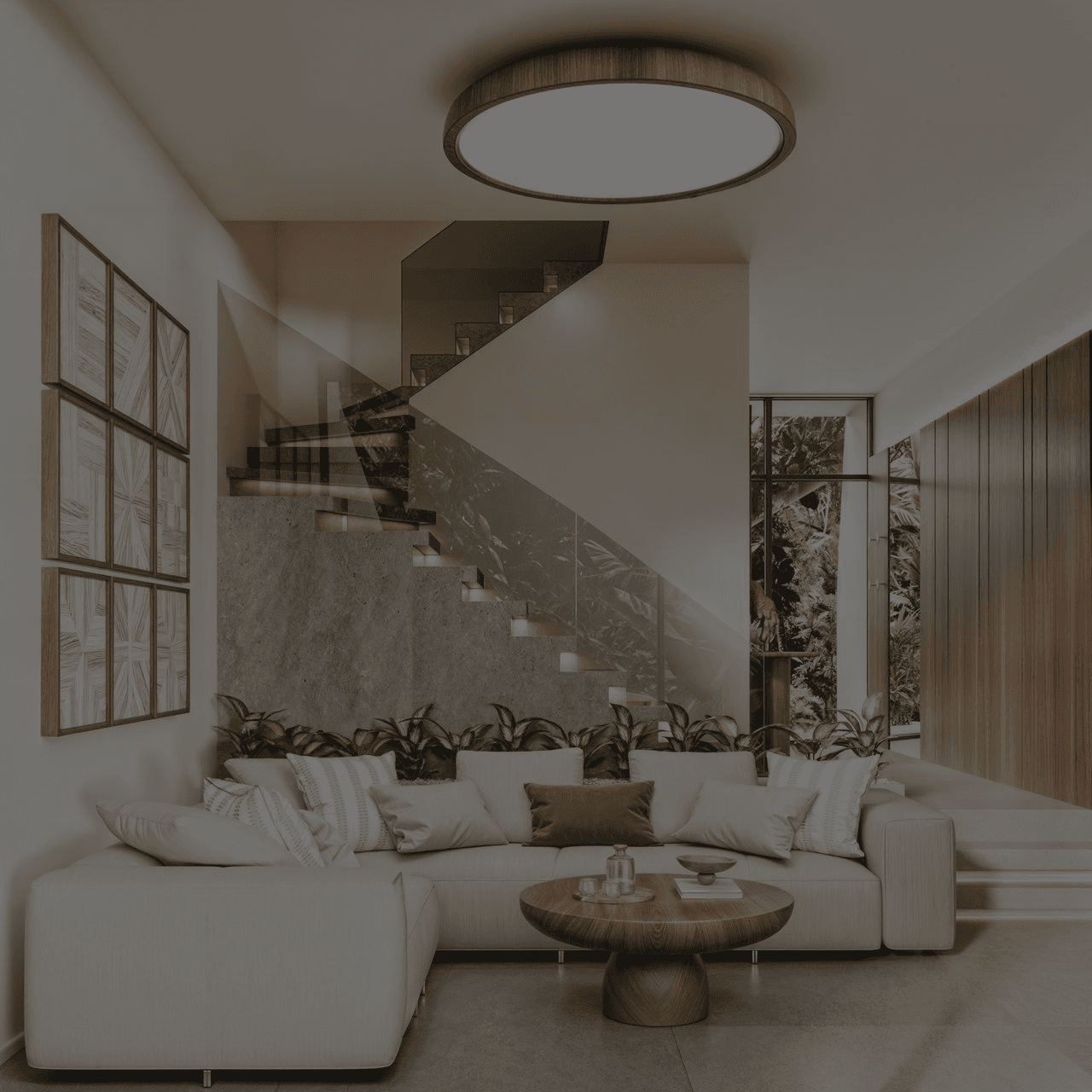 Cozy condominium-villa living room with light sofa and marble staircase — Frigate Bali