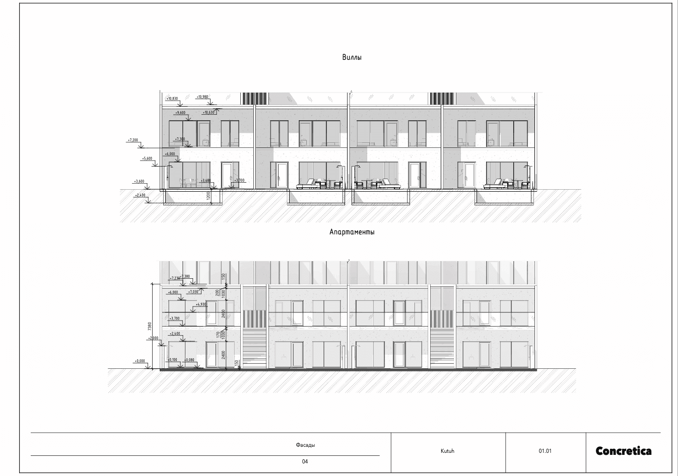 Villa floor plan — two-storey building facade elevations — Frigate Bali