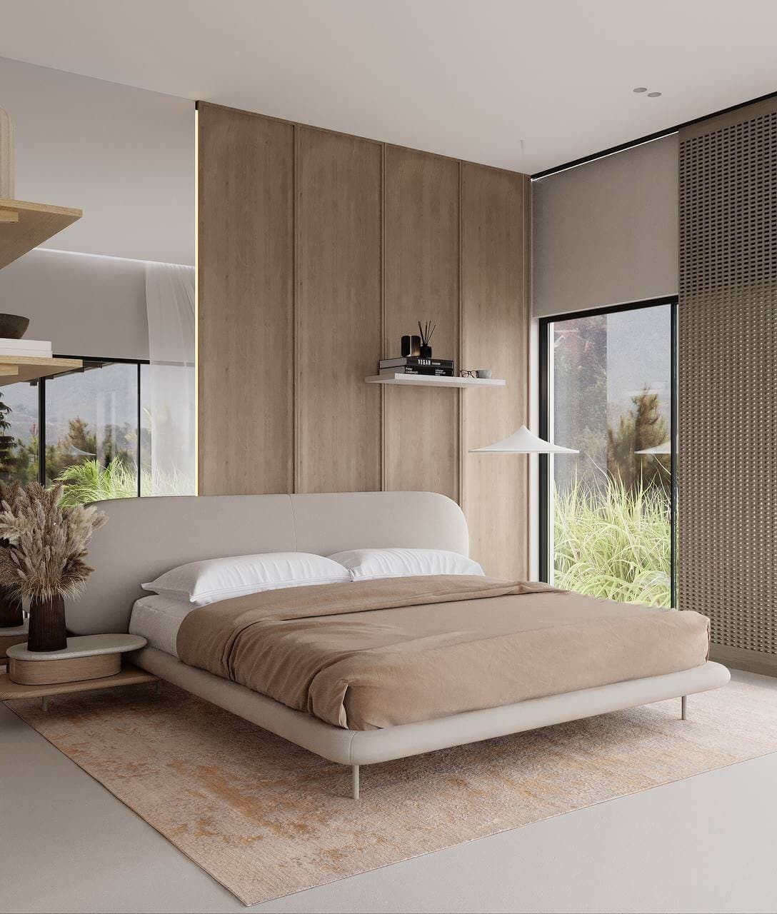 3D visualization — villa bedroom with corner glazing and mountain view — Frigate Bali