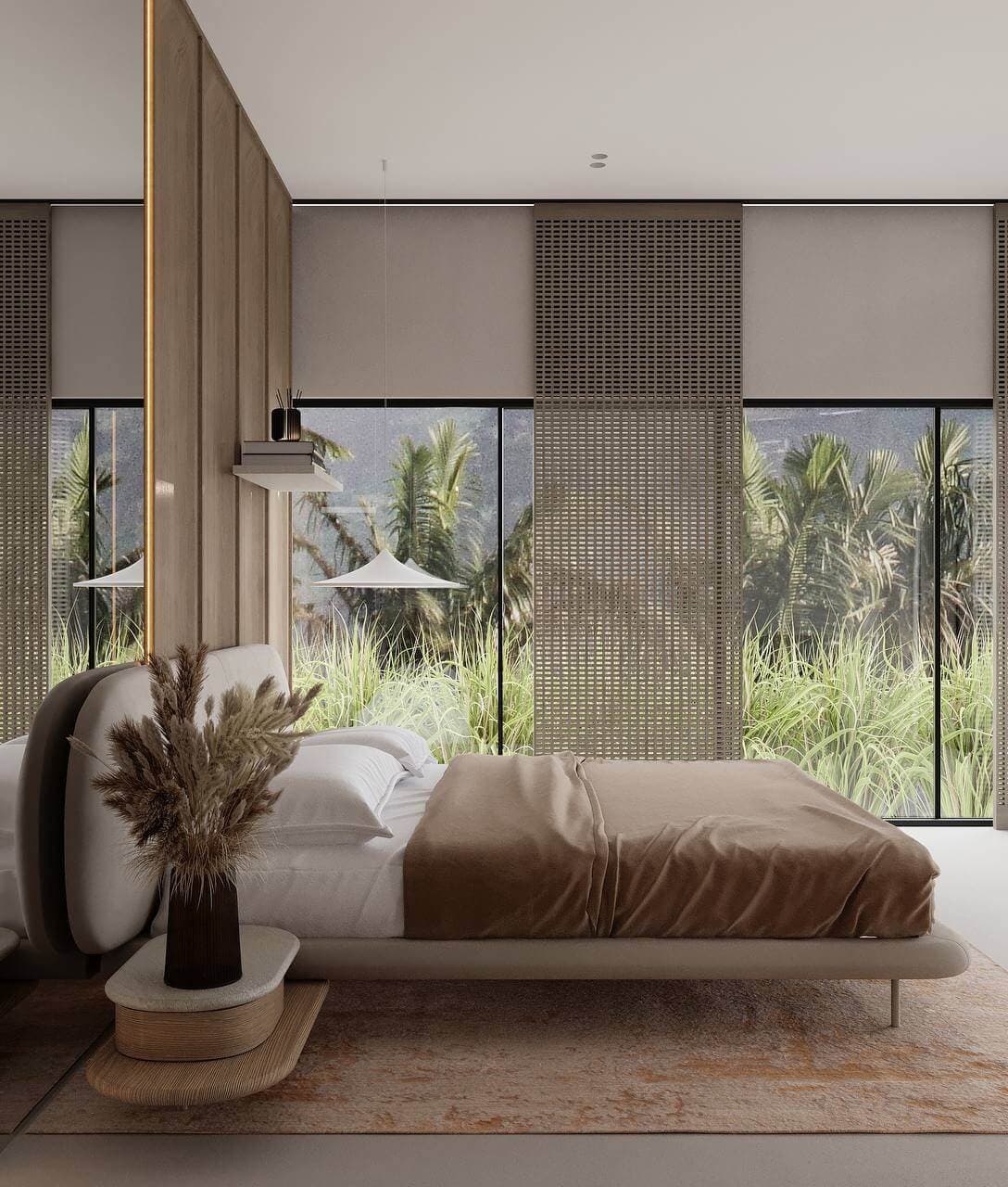 3D visualization — villa bedroom with floor-to-ceiling windows and tropical garden view — Frigate Bali