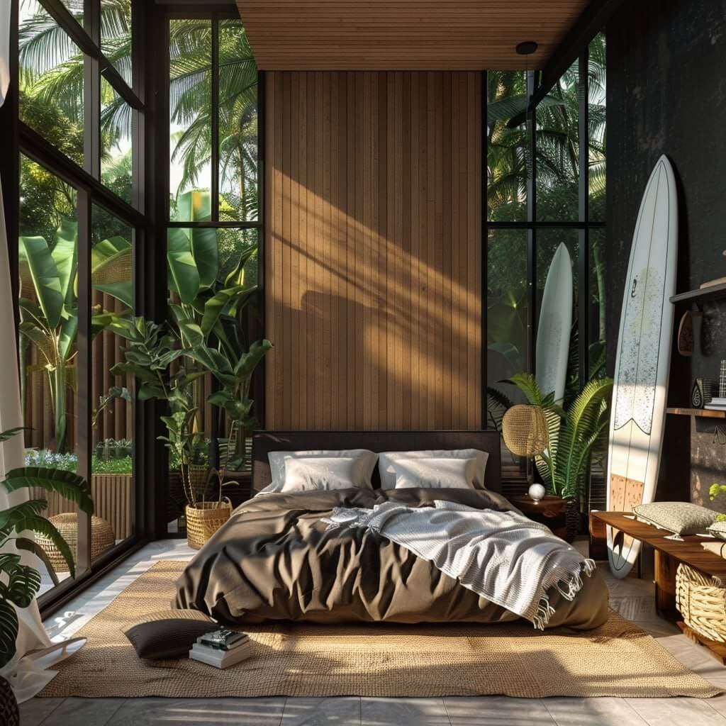 3D visualization — villa bedroom with wood-panel wall and surfboards — Frigate Bali
