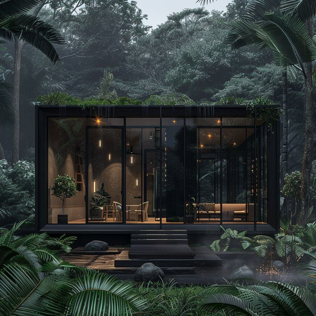 3D visualization — compact black glass villa pavilion in tropical forest at dusk — Frigate Bali