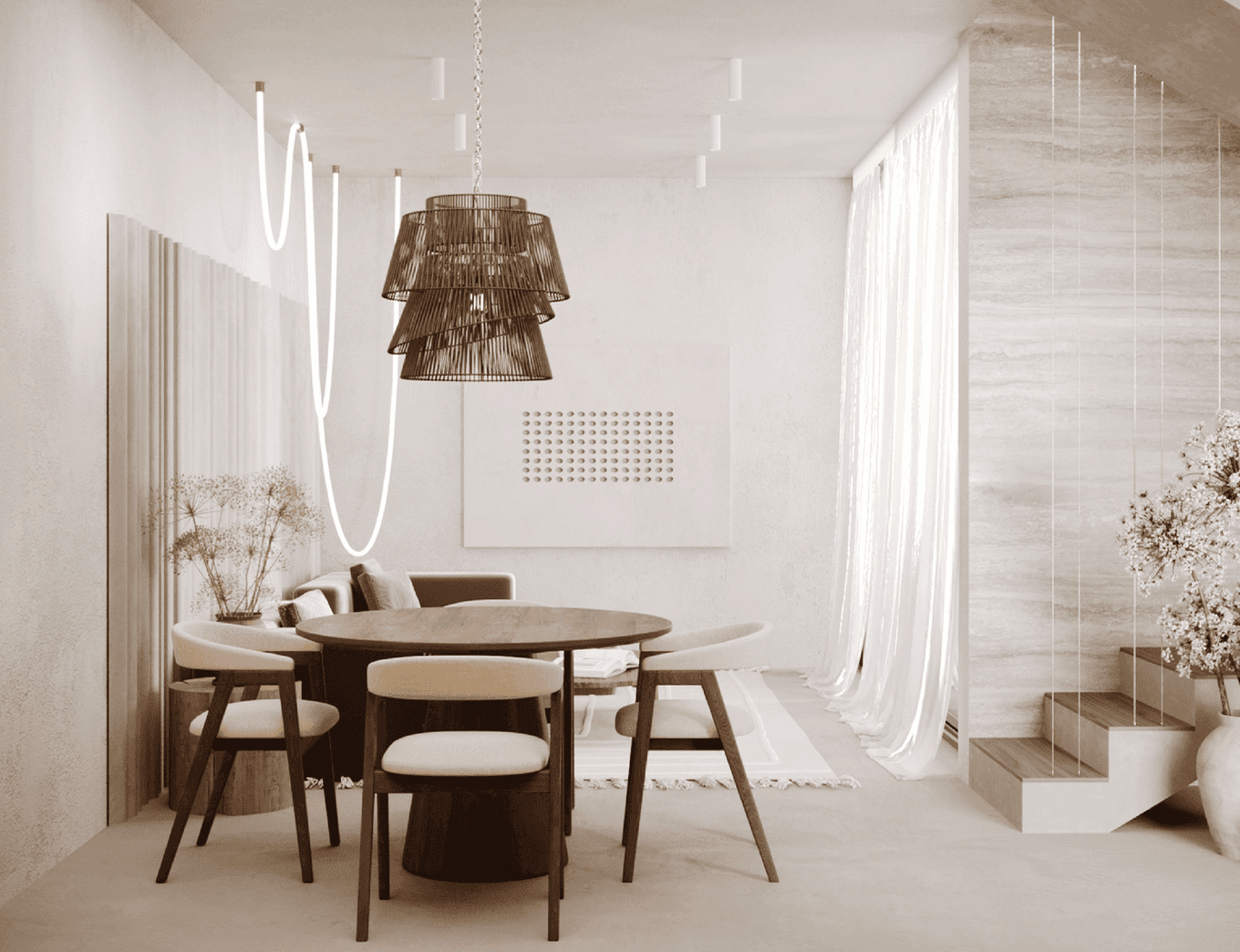 3D visualization — cozy villa dining area with round wooden table — Frigate Bali