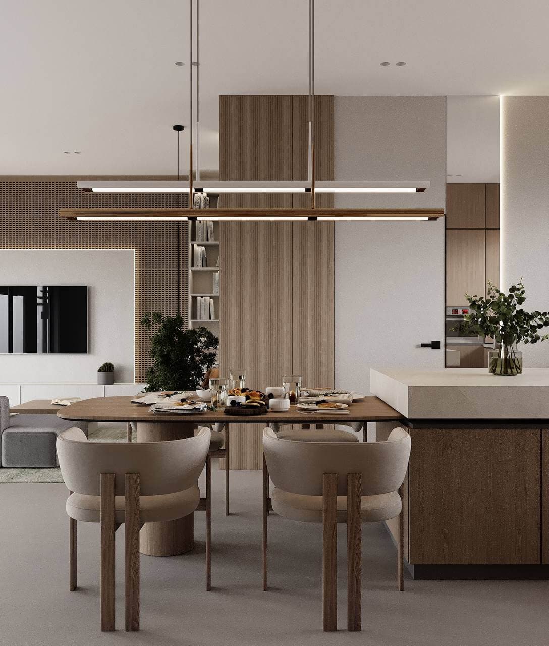 3D visualization — open-plan villa dining and kitchen area in warm wood tones — Frigate Bali