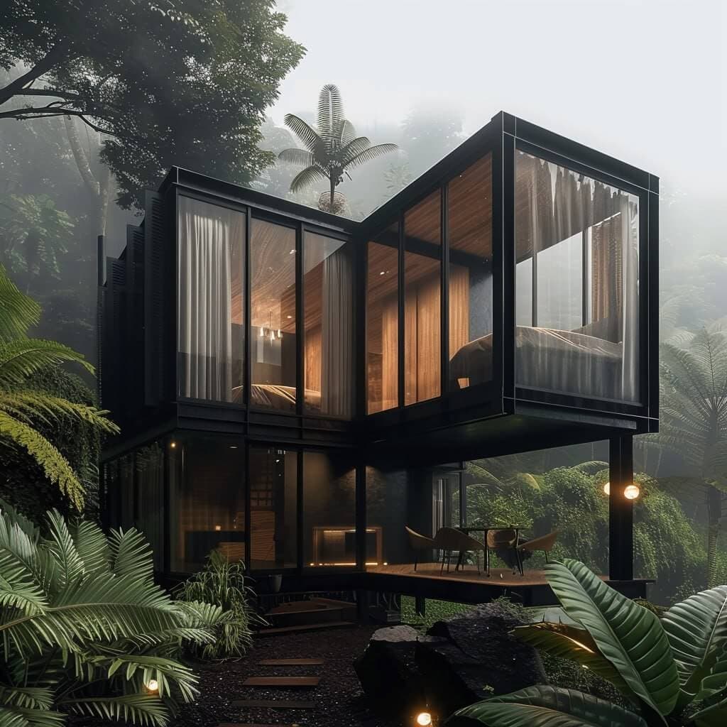 3D visualization — black cube villa exterior with glass walls in jungle — Frigate Bali