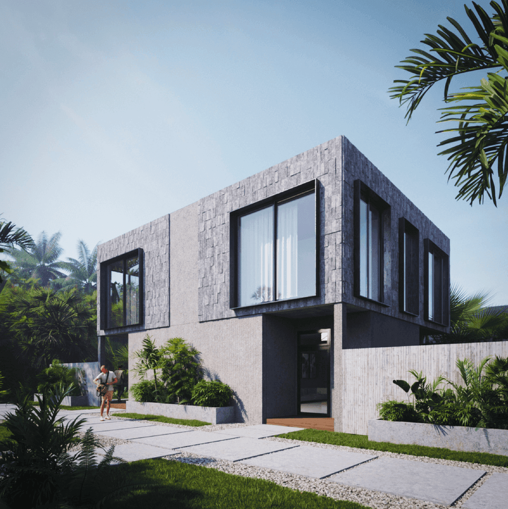 3D visualization — modern two-storey concrete villa exterior — Frigate Bali