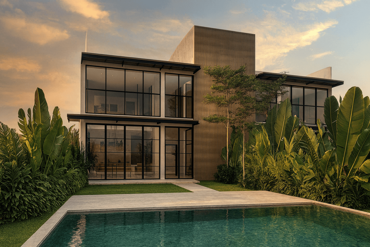 3D render of a modern two-storey villa with black-framed glass facade and pool — Frigate Bali