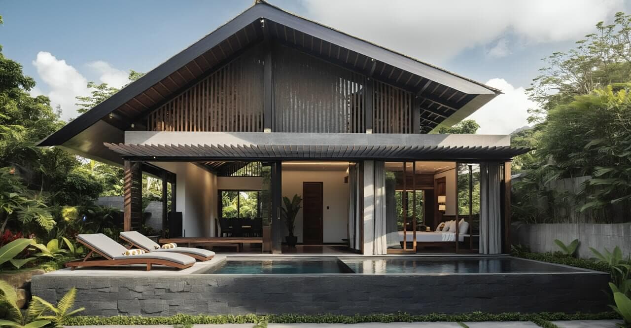 3D visualization — single-storey villa with private pool and Balinese roof — Frigate Bali