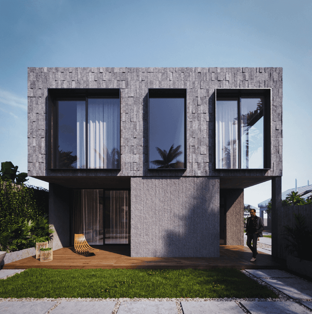 3D visualization — two-storey villa exterior with textured stone facade — Frigate Bali