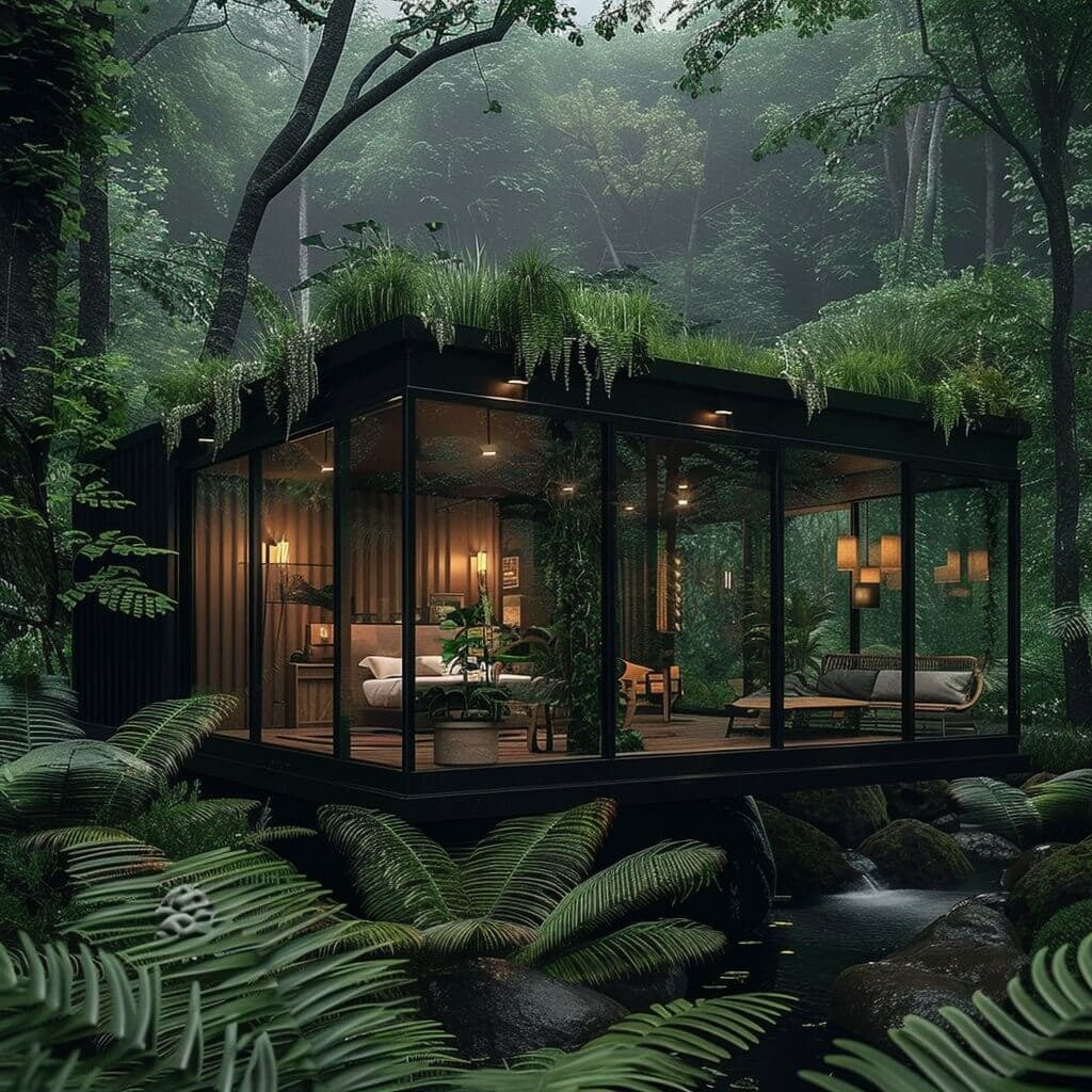 3D visualization — small glass villa with green roof above a forest stream — Frigate Bali