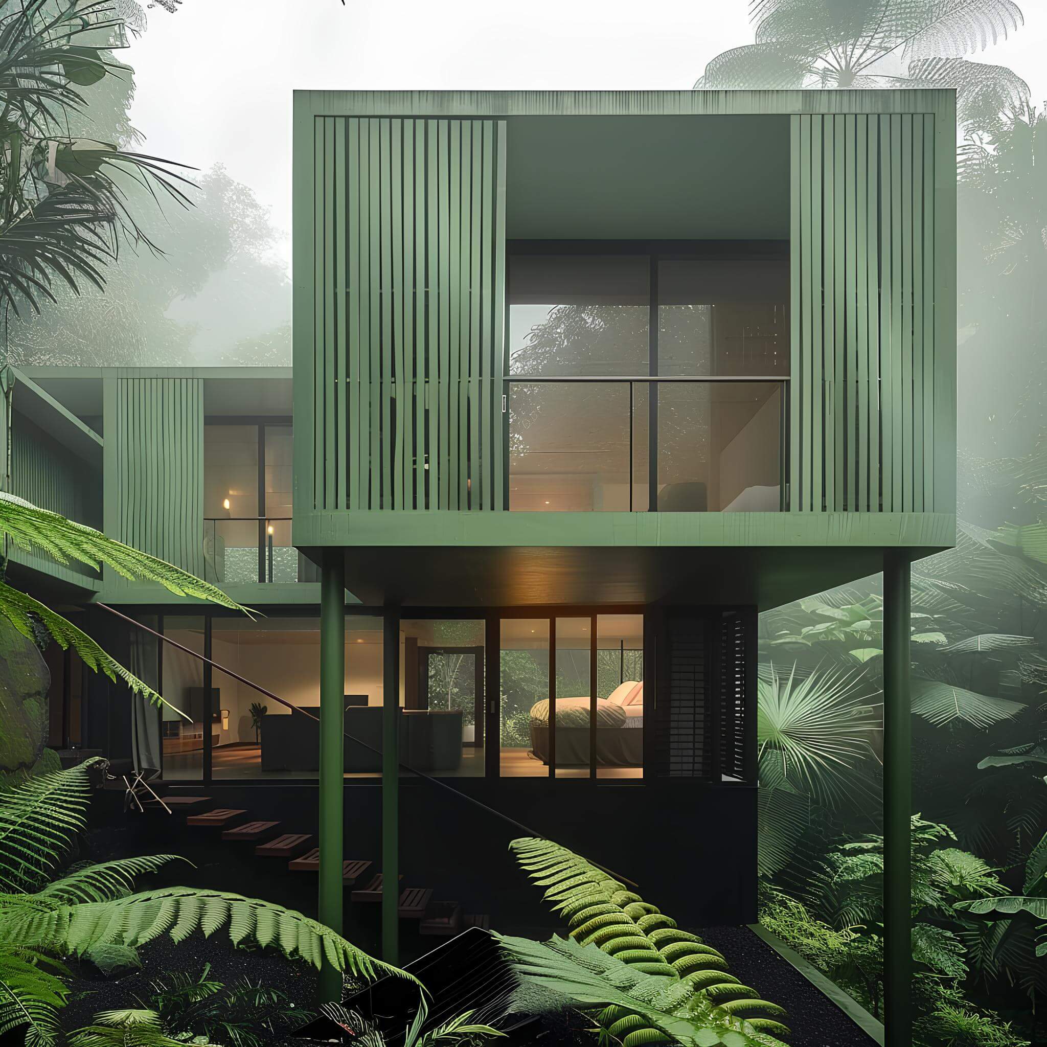 3D render of a stilted villa with green timber facade in misty jungle — Frigate Bali