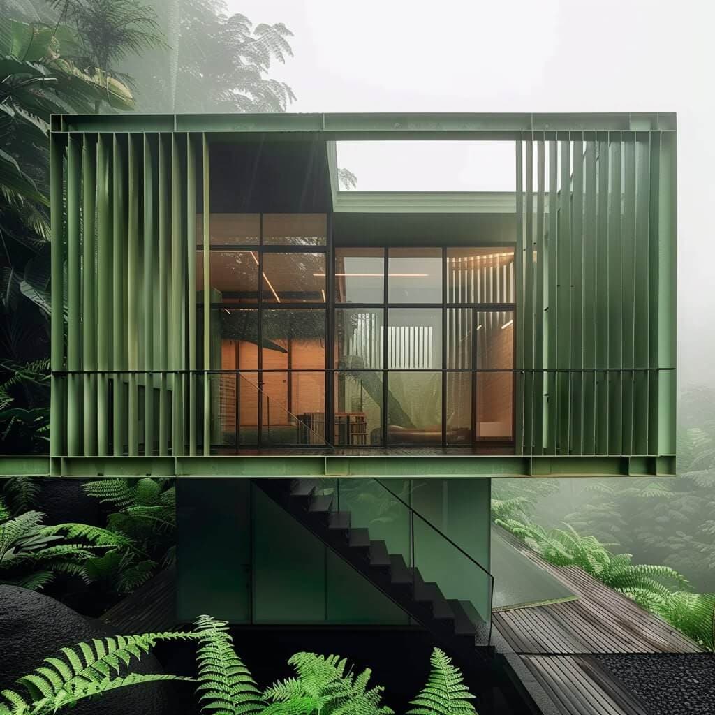 3D visualization — elevated villa with green steel frame on a jungle slope — Frigate Bali
