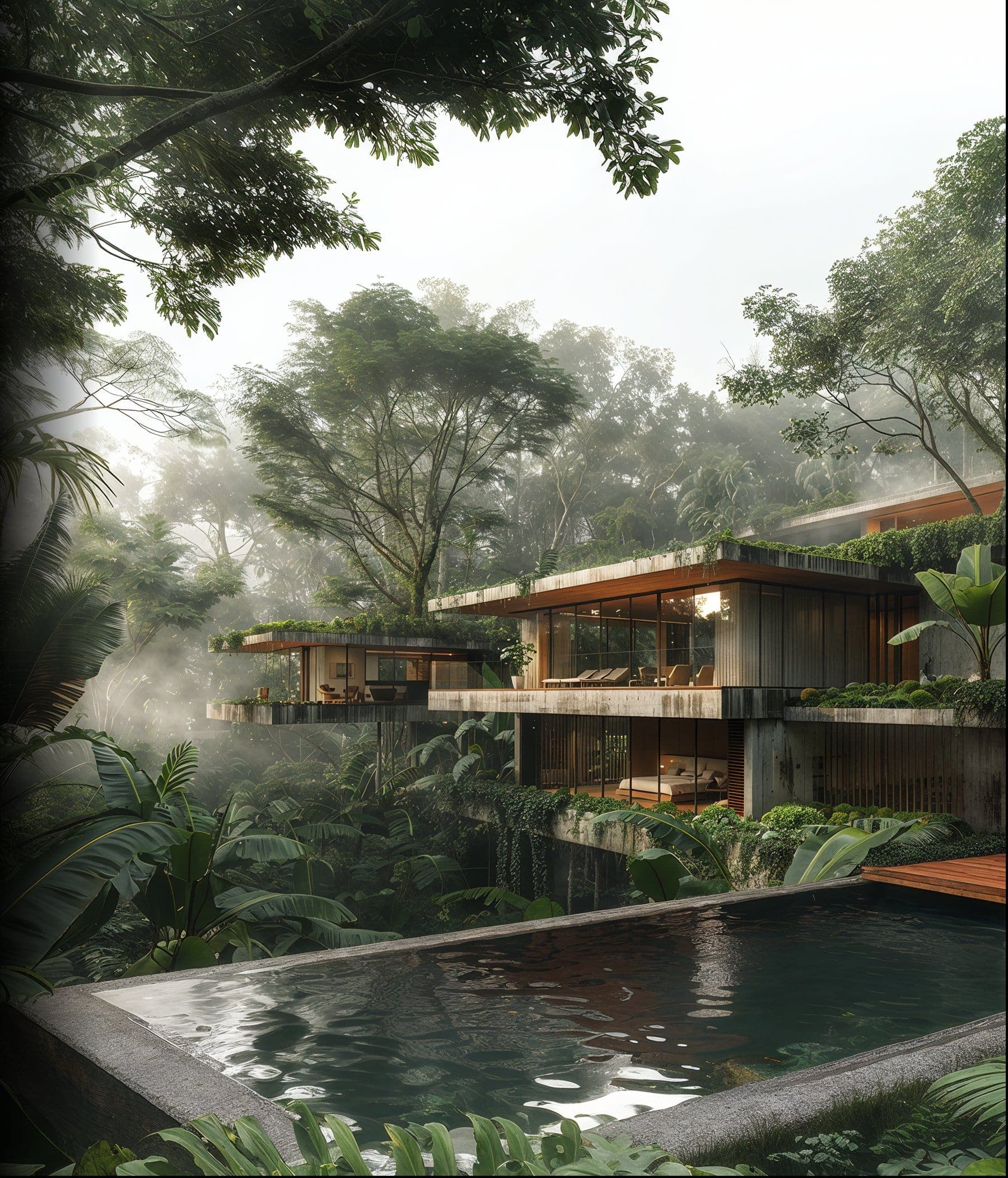 3D render of a multi-level villa nestled in misty jungle with pool — Frigate Bali
