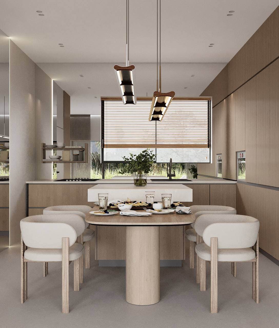 3D visualization — modern villa kitchen and dining area with stone island — Frigate Bali