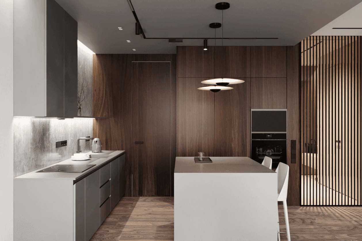 3D visualization — modern villa kitchen with island and dark wood cabinets — Frigate Bali