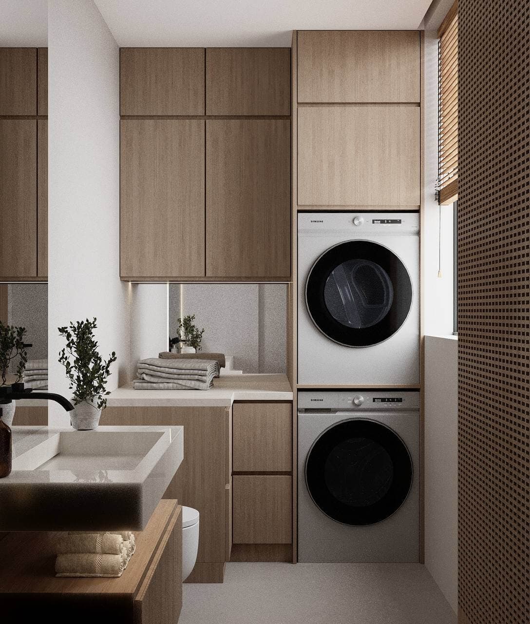 3D visualization — villa laundry room with wood cabinets and stacked appliances — Frigate Bali