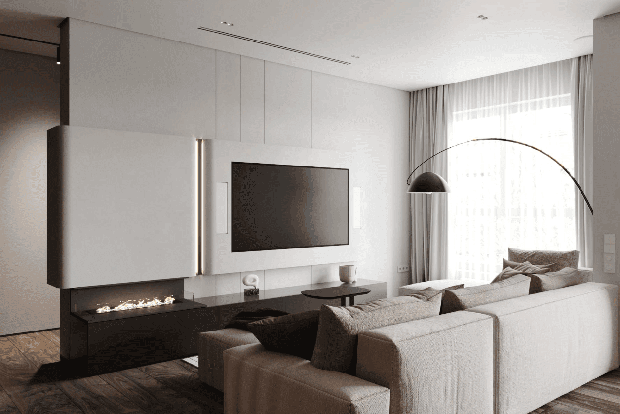 3D visualization — villa living room with fireplace and TV wall — Frigate Bali