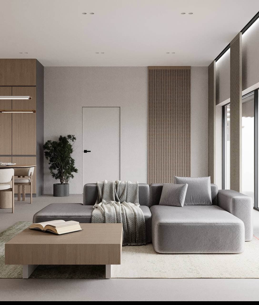 3D visualization — minimalist villa living room with grey sectional sofa — Frigate Bali