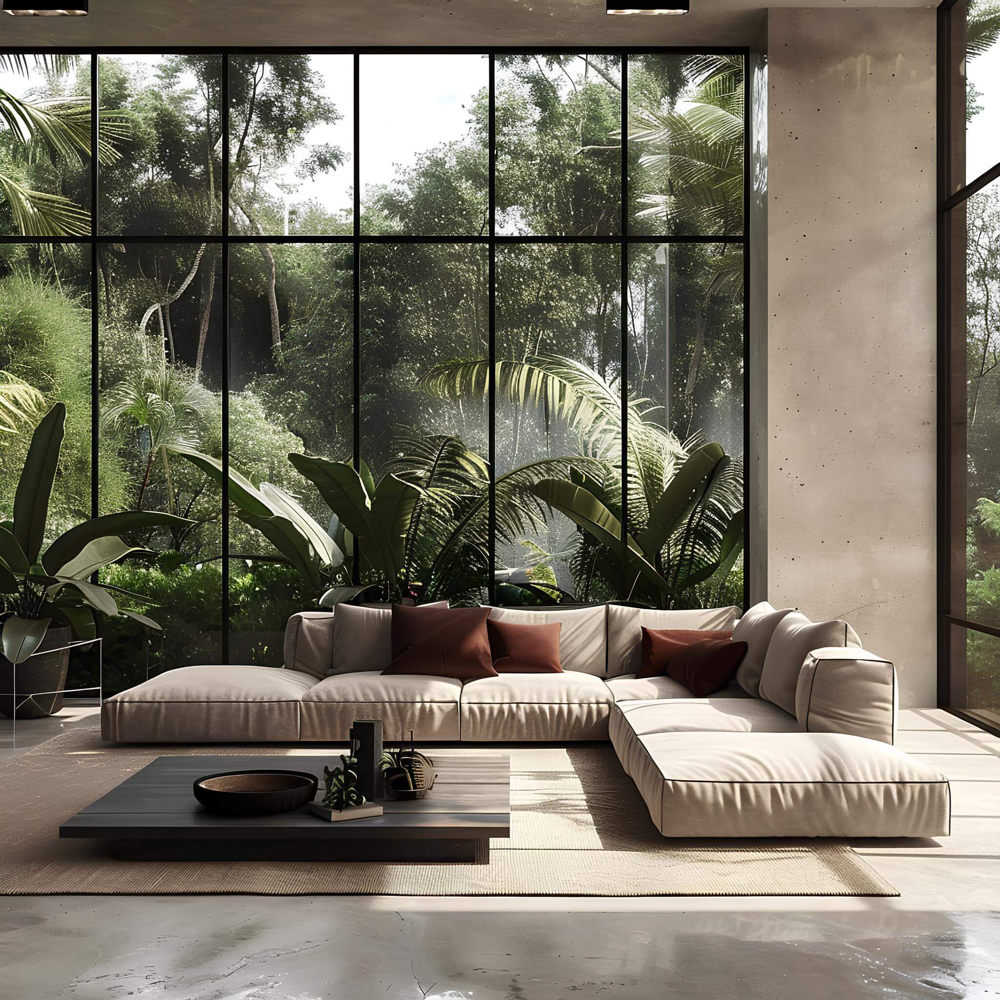 3D render of a villa living room with panoramic jungle view — Frigate Bali