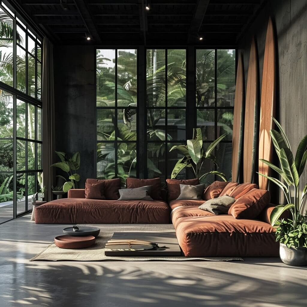 3D visualization — villa living room with terracotta modular sofa — Frigate Bali