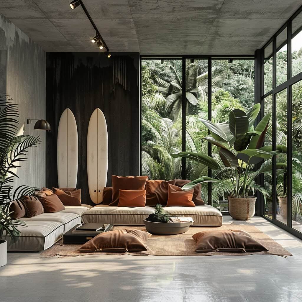 3D visualization — loft-style villa lounge with surfboards and jungle view — Frigate Bali