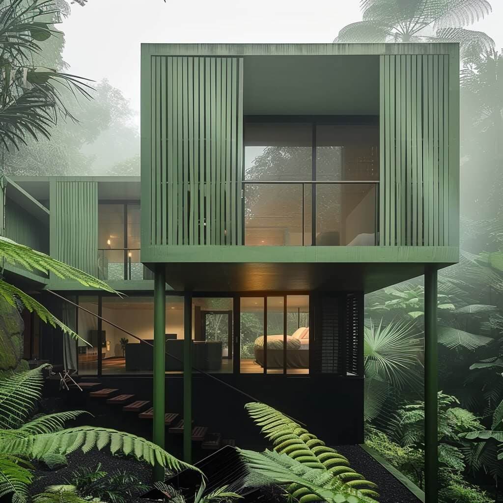 3D visualization — two-storey villa with green frame elevated in misty jungle — Frigate Bali