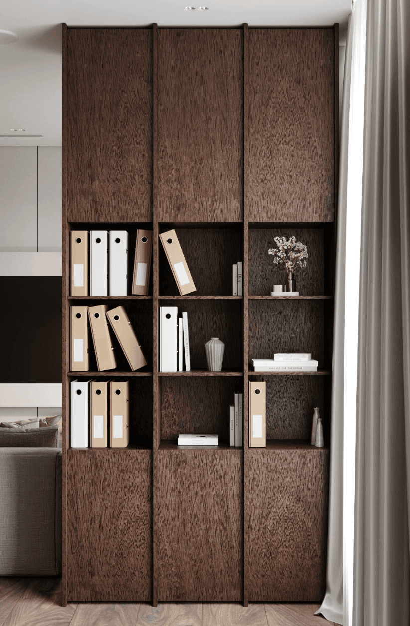 3D visualization — built-in dark wood shelving unit interior detail — Frigate Bali